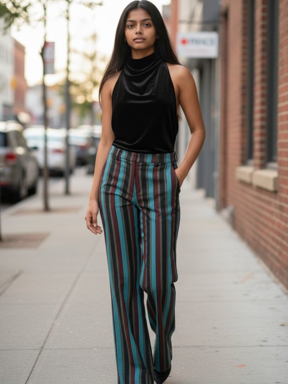 Scotch & Soda Striped Bootcut Pants High Rise Teal Burgundy Gold NWT Size 24/30
